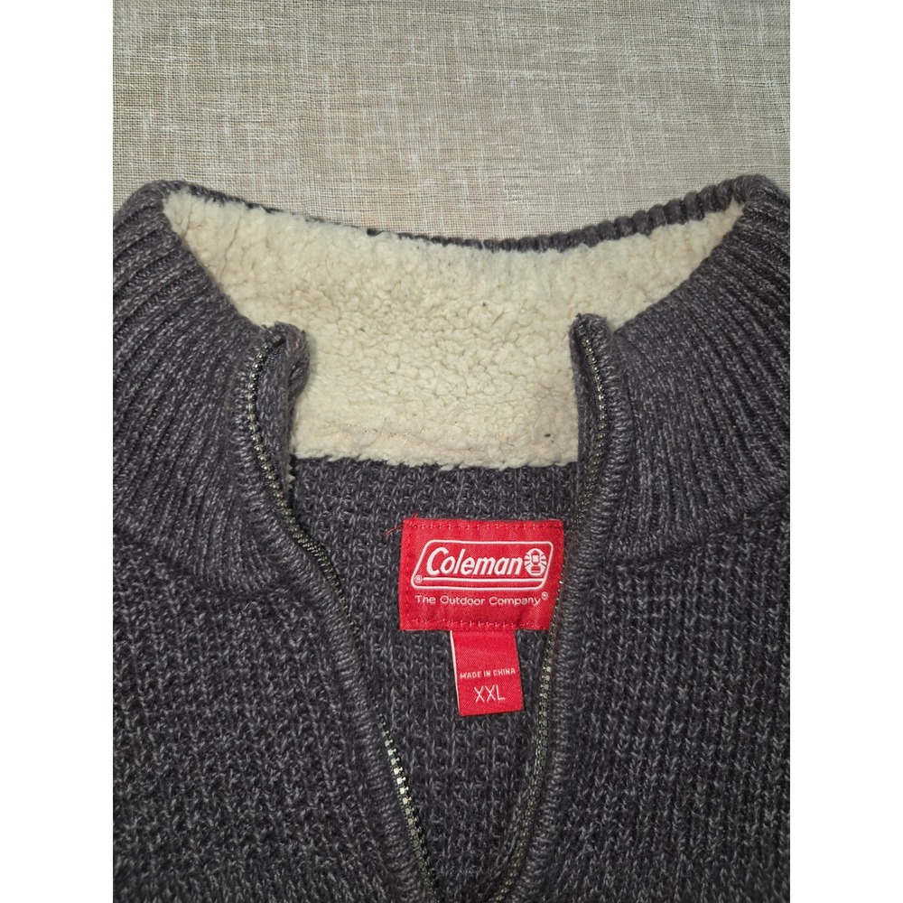 Coleman Mens XXL Quarter Zip Sweater Charcoal Gray Faux Fur Collar Cotton Knit - Picture 4 of 8